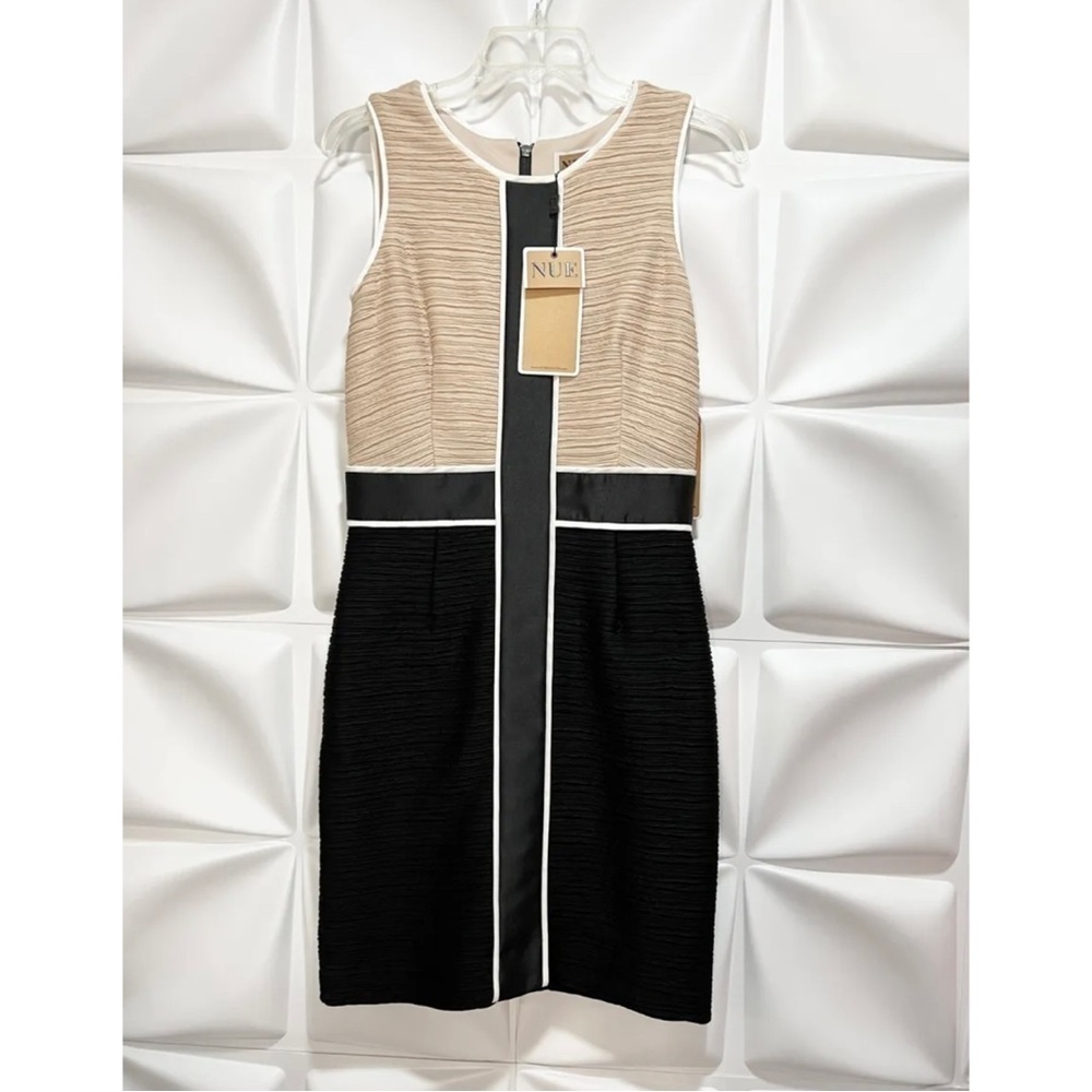 NUE by Shani Sz 6 Ruched Beige Black White Sheath Dress Shape Slimming